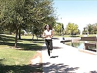 Sporty amateur brunettte babe Carmen strips in a public park