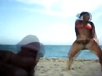 Turned on amateur pervert keeps jerking himself on the public beach